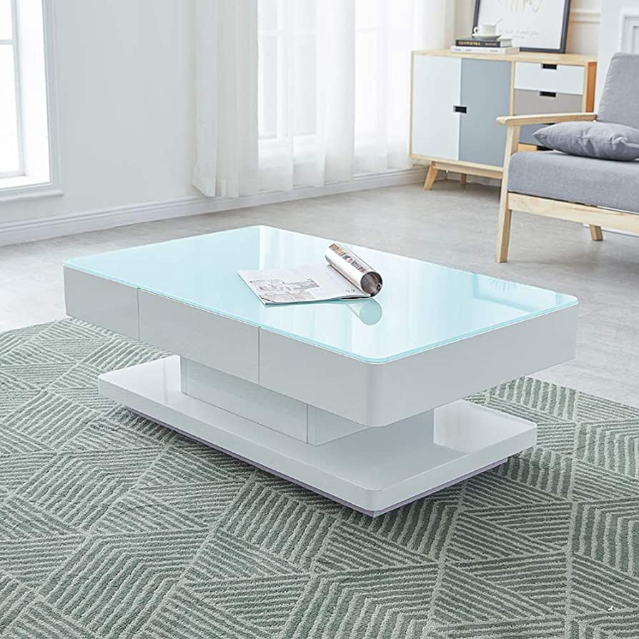 Modern Glass Coffee Table with Built-in Storage Drawer