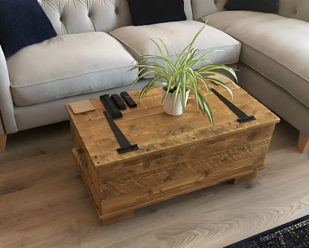 Rustic Wooden Coffee Table with Large Storage Trunk